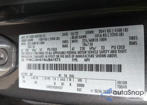 2022 Ford Escape Sel z USA, uszkodzony, nr VIN 1FMCU9H61NUB41573